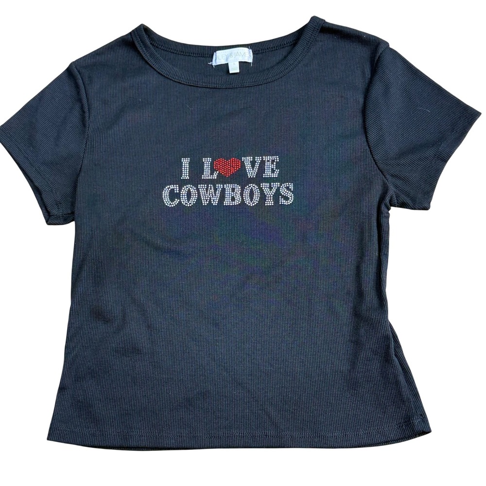 Y2K Riley & James Black I Love Cowboys Rhinestone Graphic Tee Women Size L